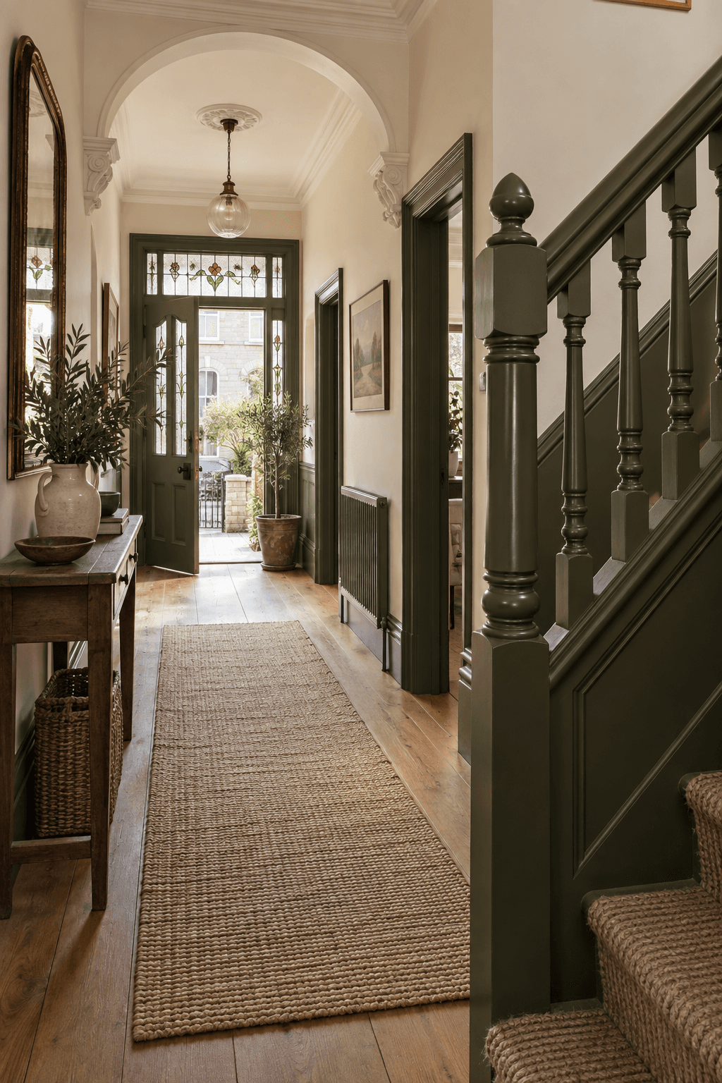 Illustrative cream hallway with an olive staircase.