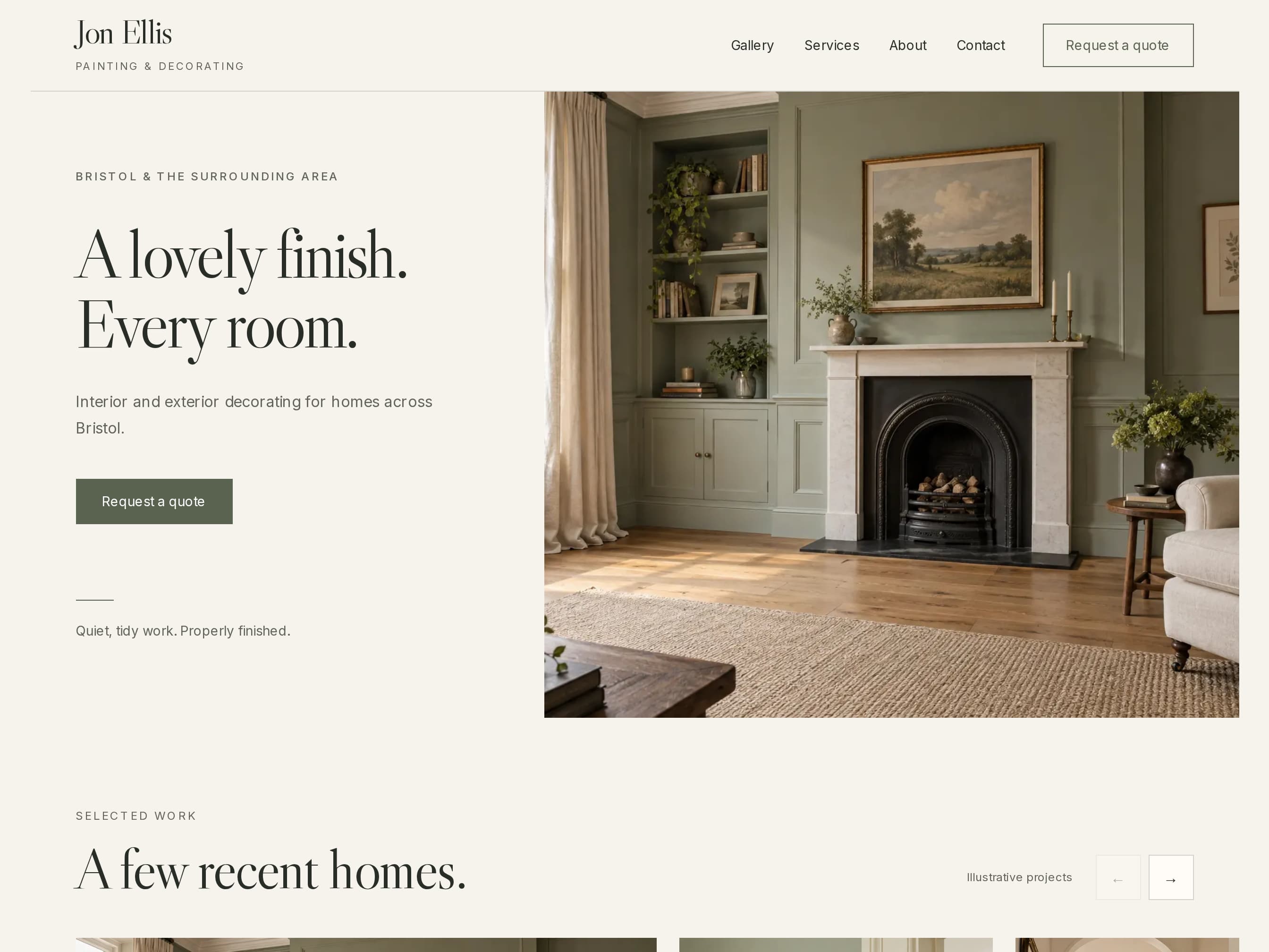Jon Ellis example website with a sage-green sitting room and the headline A lovely finish. Every room.